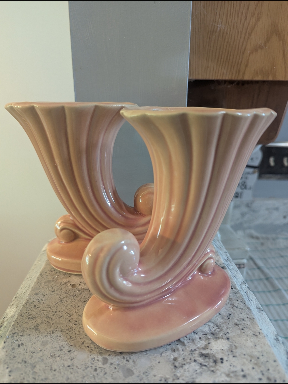 Vintage USA Pottery Cornucopia Vases 6” Pink Horn Of Plenty